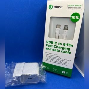10 Foot USB-C to 8-pin fast charging cable and block
